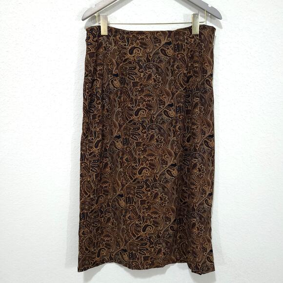 Briggs Vintage Skirt Womens 16 Petite Brown Paisley 90s Midi Straight Pencil - Picture 1 of 12